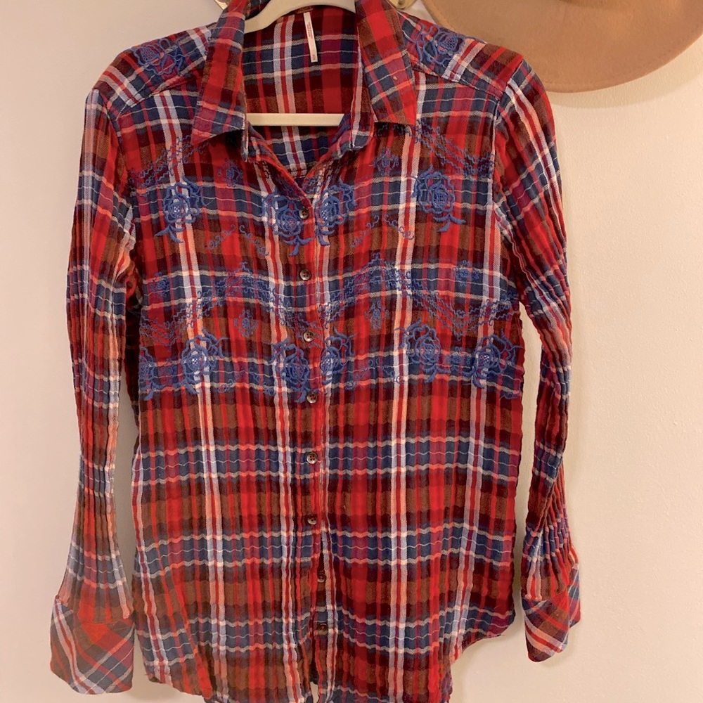Free People Embroidered Plaid Top